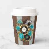 Gobelets En Papier Steampunk Clock and Turquoise Roses on Striped (Verso)