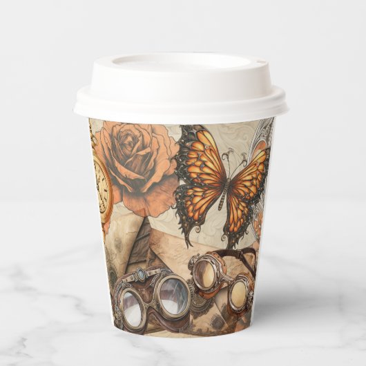 Gobelets En Papier Steampunk Rose victorien papillon et lunettes (Recto)