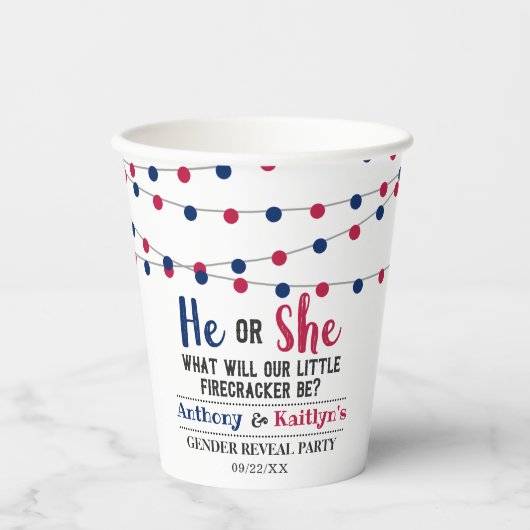 Gobelets En Papier String Lights 4 juillet Gender Revevela Party (Recto)