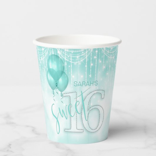 Gobelets En Papier String Lights & Balloons Sweet 16 ID Turquoise473 (Recto)