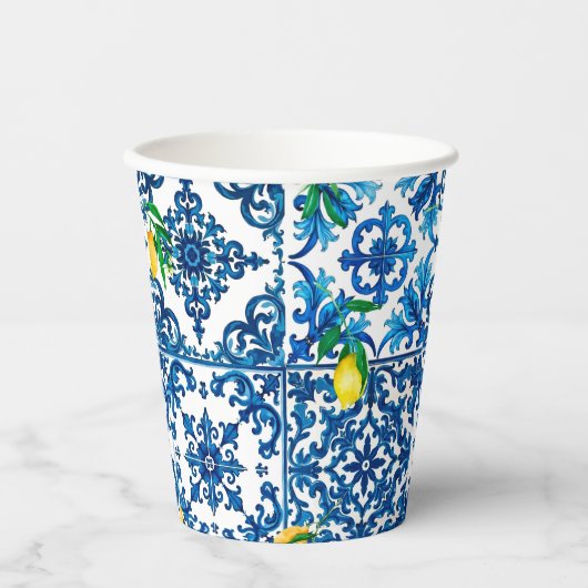 Gobelets En Papier style italien, méditerranéen, mosaïque, bleu, citr (Recto)