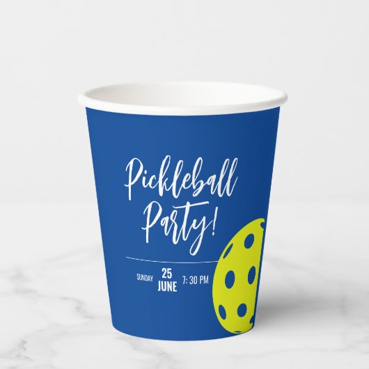 Gobelets En Papier Style Rétro Néon Bleu Thème Pickleball Anniversair (Recto)