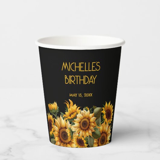 Gobelets En Papier Sunflower Black Rustic Nom élégant Anniversaire (Verso)