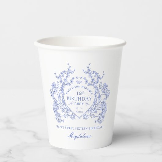 Gobelets En Papier Sweet 16 Anniversaire Français Blue Floral Crest P (Recto)