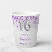 Gobelets En Papier Sweet 16 argent violet parties scintillant monogra (Recto)