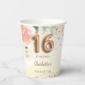 Gobelets En Papier Sweet 16 floraux d'or roses (Verso)