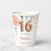 Gobelets En Papier Sweet 16 flores d'or rose parties scintillant mono (Verso)