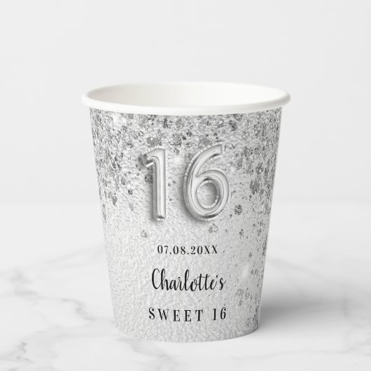 Gobelets En Papier Sweet 16 parties scintillant argent nom monogramme (Verso)