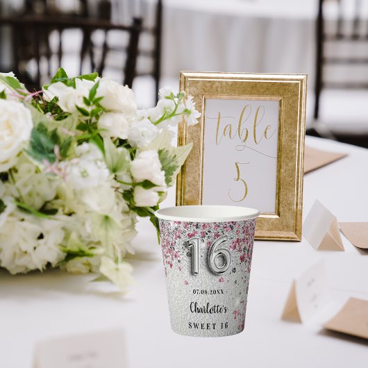 Gobelets En Papier Sweet 16 parties scintillant rose argent scintille