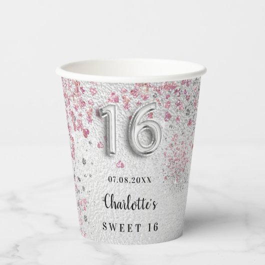 Gobelets En Papier Sweet 16 parties scintillant rose argent scintille (Recto)