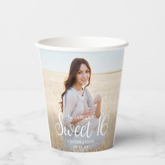 Gobelets En Papier Sweet 16 Party Chic tendance Script 2 Photo Modern (Recto)