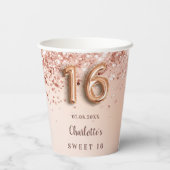 Gobelets En Papier Sweet 16 rose nom confetti or (Verso)