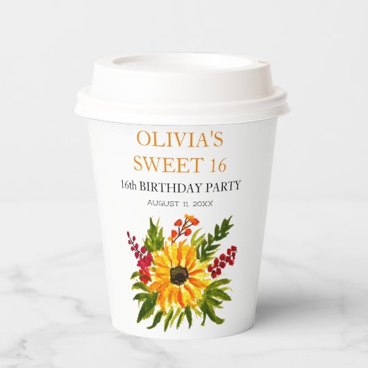Gobelets En Papier Sweet 16 Seize Anniversaire Fête Tournesol Pays (Recto)