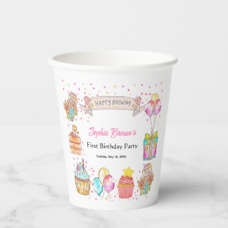 Gobelets En Papier  Sweet One Cute Girl 1st Birthday Party