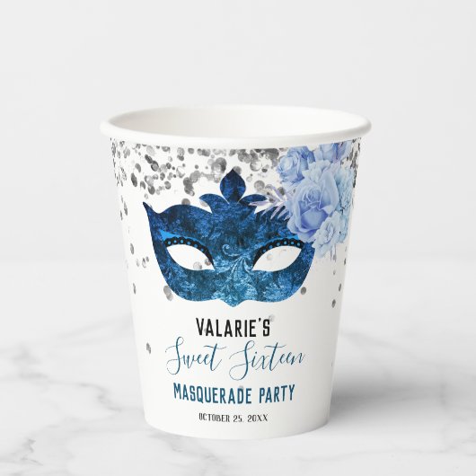 Gobelets En Papier Sweet sixteen Mascarade bleue (Recto)