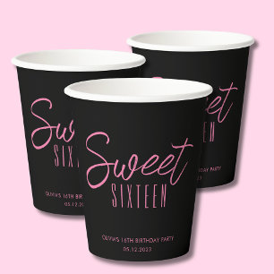 Gobelets En Papier Sweet Sixteen Moderne Filles Noir Rose 16ème fête