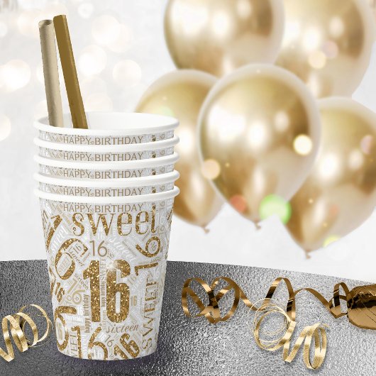 Gobelets En Papier Sweet sixteen Sparkle Word Cloud Gold ID265