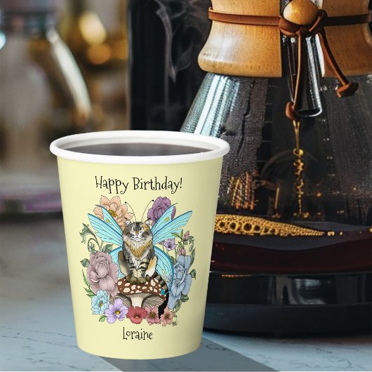 Gobelets En Papier Tabby Fairy Cat Mushroom Floral