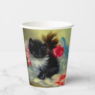 Gobelets En Papier Tableau vintage de chaton noir et blanc