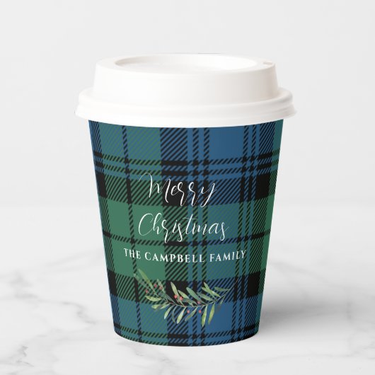 Gobelets En Papier Tartan de Noël en chèque vert Plaid (Recto)