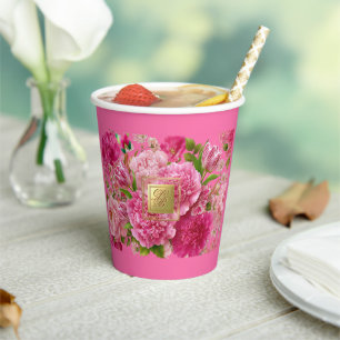 Gobelets En Papier Tasses de fête à monogramme rose et vert avec pivo