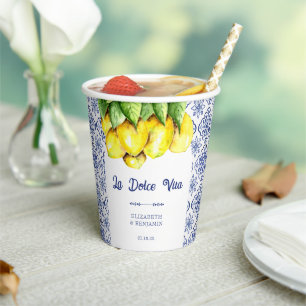 Gobelets En Papier Tasses de mariage La Dolce Vita Carreaux bleus méd