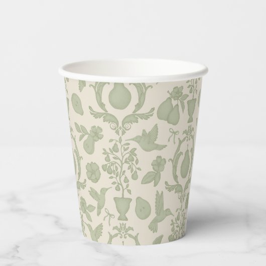 Gobelets En Papier Tasses de mariage vert sauge motif damassé poire p (Verso)