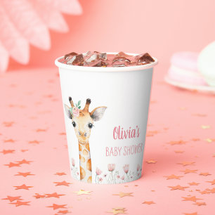 Gobelets En Papier Tasses en papier Baby shower en Giraffe rose