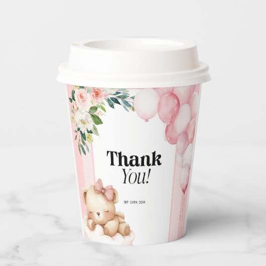 Gobelets En Papier Tasses en papier Baby shower Merci rose fille ours (Verso)