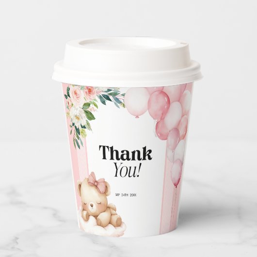 Gobelets En Papier Tasses en papier Baby shower Merci rose fille ours (Recto)