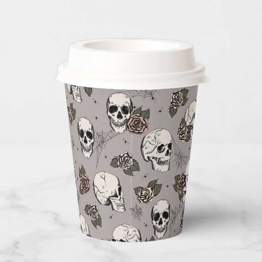 Gobelets En Papier Taupe Gray Gothic Skuls et Halloween Rose (Droite)
