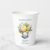 Gobelets En Papier Teacup Fleurs Bleues Jaunes 100e anniversaire (Verso)