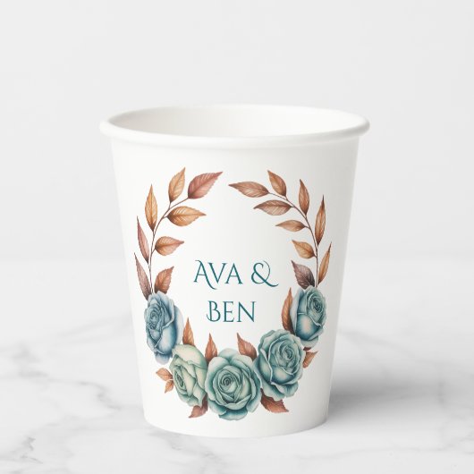 Gobelets En Papier Teal Roses and Copper Leaves Wedding (Recto)