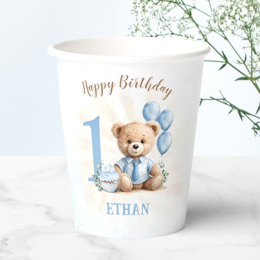 Gobelets En Papier Teddy Bear 1er Anniversaire Ballons Bleus Coupes e