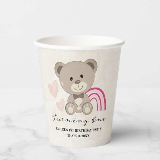 Gobelets En Papier Teddy Bear 1er Anniversaire Coupes en papier rose (Recto)