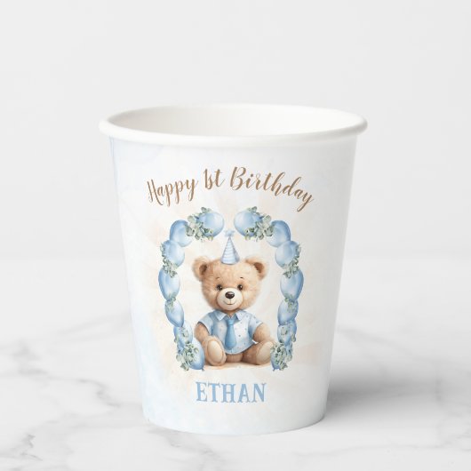 Gobelets En Papier Teddy Bear 1er Birthday Boy Blue Balloons (Recto)