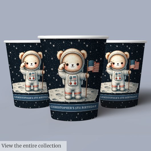 Gobelets En Papier Teddy Bear Astronaut Baby Boy Birthday Cups Set
