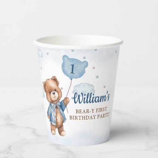 Gobelets En Papier Teddy Bear Balloon Beary Première fête d'anniversa (Recto)