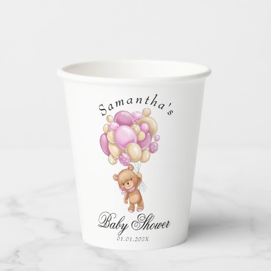 Gobelets En Papier Teddy Bear Balloon rose Baby shower tasses en papi (Recto)