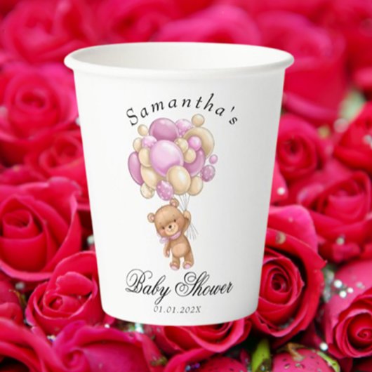 Gobelets En Papier Teddy Bear Balloon rose Baby shower tasses en papi