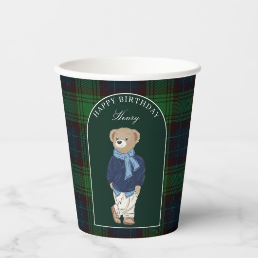 Gobelets En Papier Teddy bear classic plaid birthday party custom (Recto)
