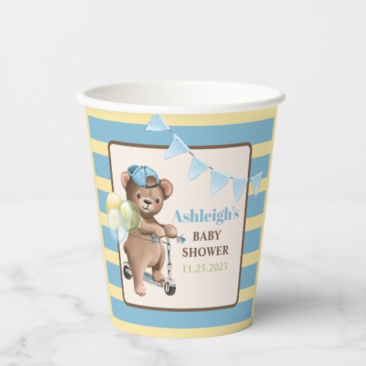 Gobelets En Papier Teddy Bear sur Scooter, Baby shower rayé (Recto)