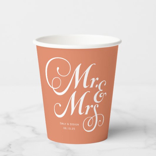Gobelets En Papier Terracotta Mr & Mrs mariage rustique personnalisé (Recto)