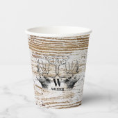 Gobelets En Papier Texture de bois rustique Cerf Monogramme de la for (Recto)