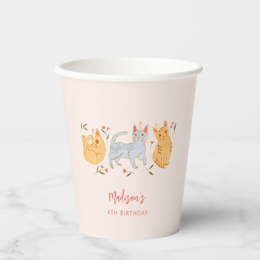 Gobelets En Papier Thème Chat Fille Anniversaire Fête (Recto)