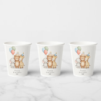 Gobelets En Papier Thème d'animal mignon joyeux anniversaire
