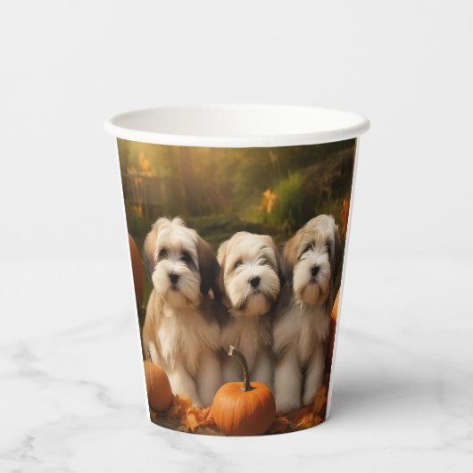 Gobelets En Papier Tibétain Terrier Chiot Automne Citrouille délice (Verso)