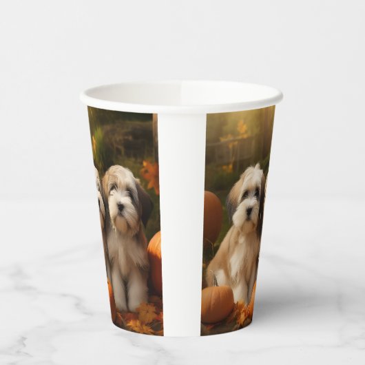 Gobelets En Papier Tibétain Terrier Chiot Automne Citrouille délice (Gauche)