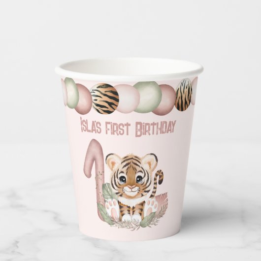 Gobelets En Papier Tiger Girl rose 1er anniversaire Safari Thème (Recto)