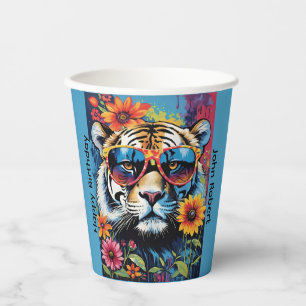 Gobelets En Papier Tigre Cool En Lunettes De Soleil Avec Des Fleurs